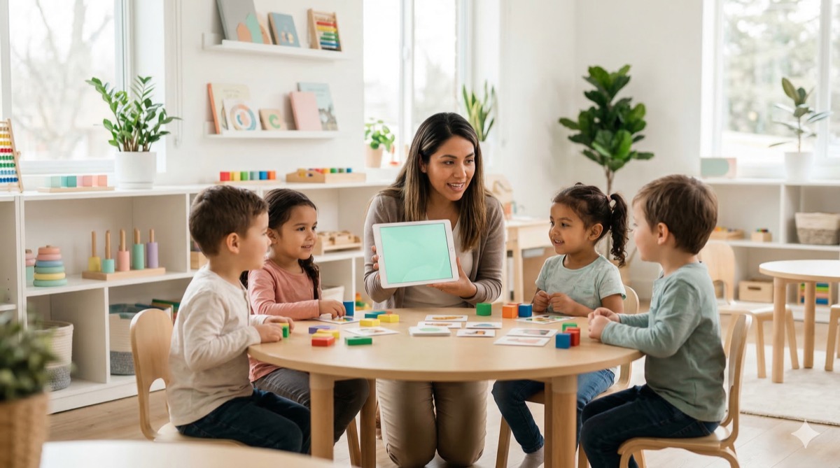Maestra con alumnos en kinder moderno usando Kint